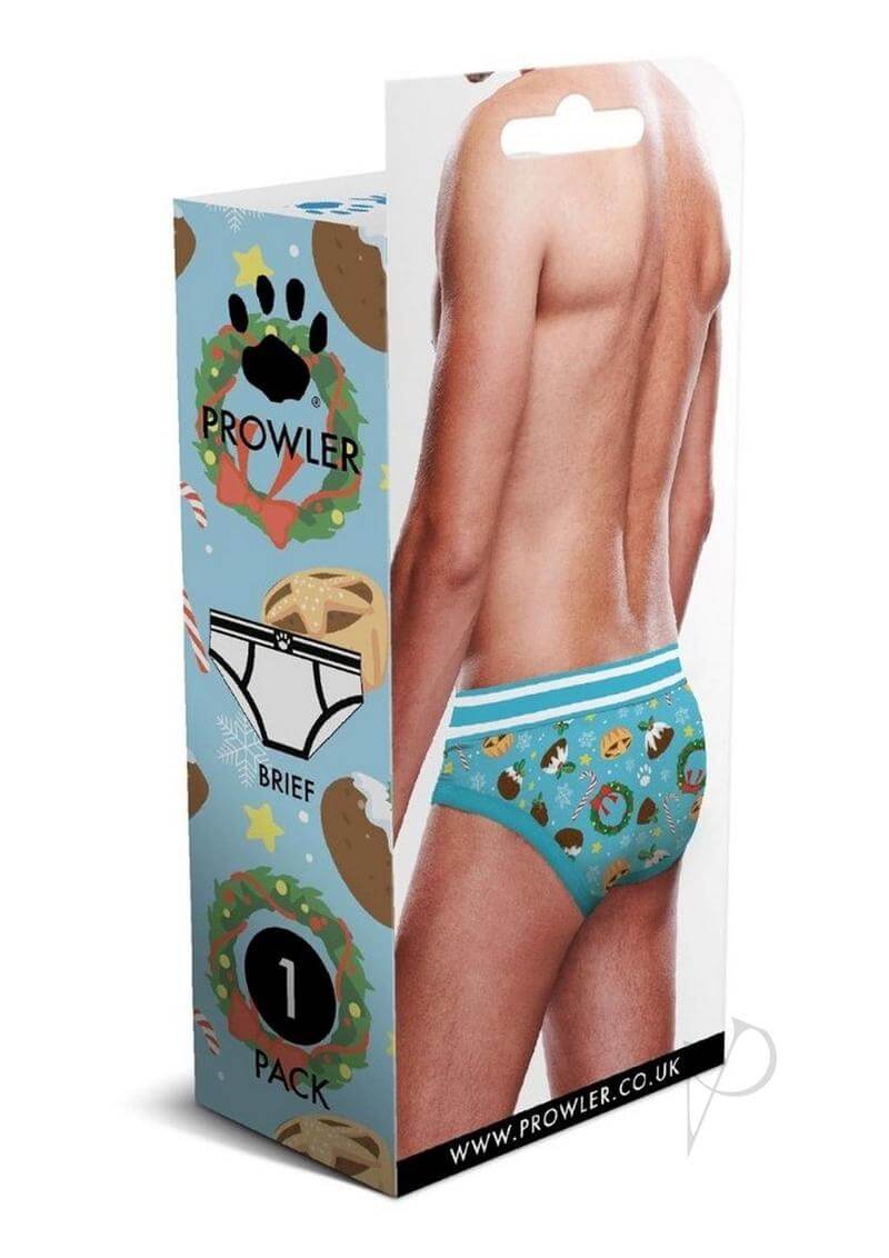 Prowler Christmas Pudding Brief Small Blue White packaging showing festive design and size details.