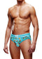 Prowler Christmas Pudding Brief Large Blue White displayed on a model showcasing its festive design and snug fit.