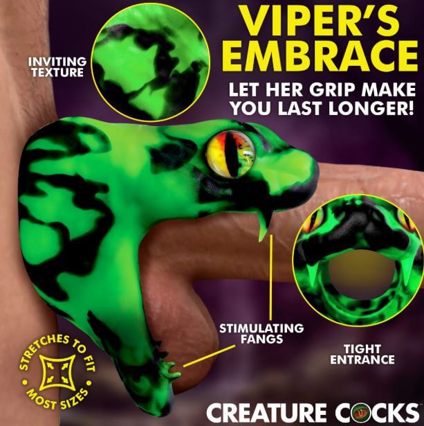 Creature Cocks Master Cobra Silicone Cock Ring Green with inviting texture and stimulating fangs for enhanced pleasure.