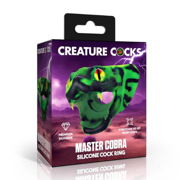 Creature Cocks Master Cobra Silicone Cock Ring Green packaging featuring a striking cobra design.