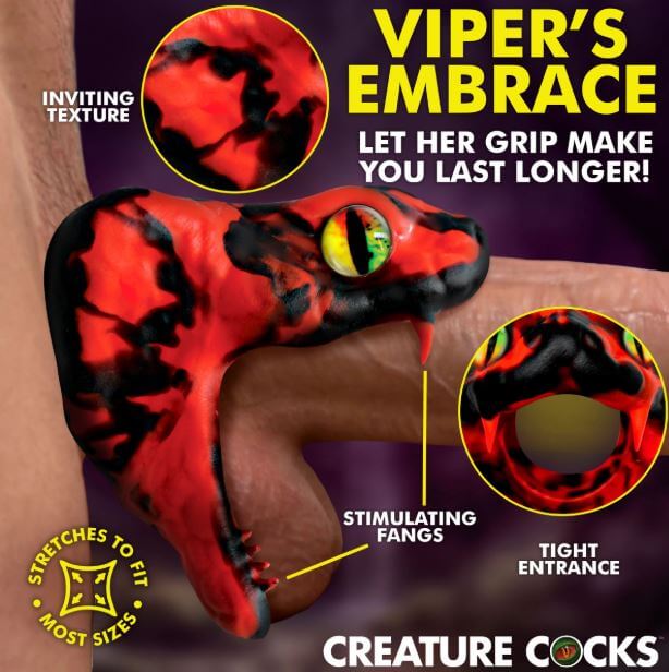 Creature Cocks Master Cobra Silicone Cock Ring Red with Viper's Embrace design featuring inviting texture and stimulating fangs.