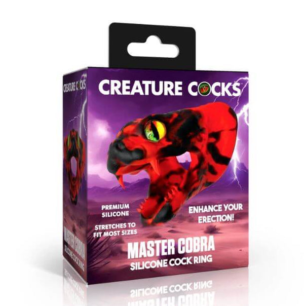 Creature Cocks Master Cobra Silicone Cock Ring Red packaging with a vibrant cobra design.