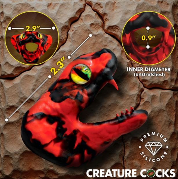 Creature Cocks Master Cobra Silicone Cock Ring Red with detailed design and dimensions on display.