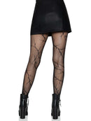 Leg Avenue Cracked Fishnet Tights One Size Black showcased with a black mini skirt and heeled boots, highlighting their unique design.