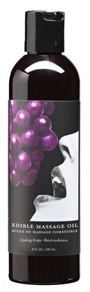 Earthly Body Hemp Seed Edible Massage Oil Grape 8 Fl Oz bottle with grape design and label.
