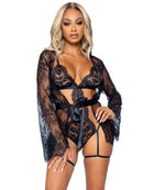Leg Avenue All Romance Lace Teddy and Robe Set Large Black displayed on a model with sheer lace details.