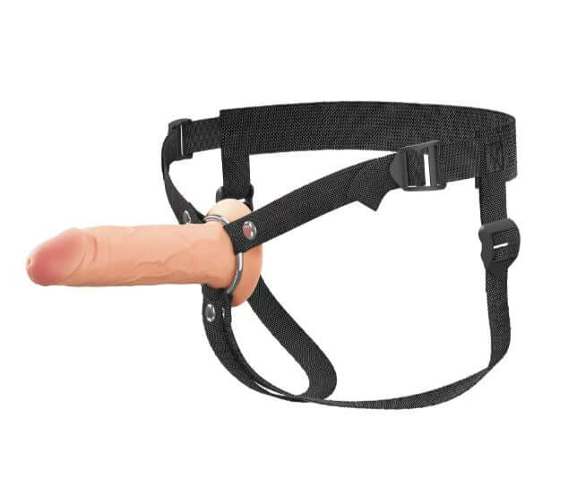 Fantasy X-Tensions Elite 6" Silicone Hollow Strap-On in light with adjustable black harness for enhanced intimacy and lifelike sensation.