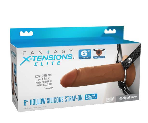 Fantasy X-Tensions Elite 6" Brown Silicone Hollow Strap-On with Dual Density in packaging.