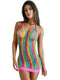 Rainbow mini fishnet dress lingerie displayed on a model, featuring vibrant colors and a stylistic design.