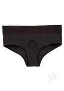 Her Royal Harness Backless Brief XXLarge/XXXLarge Black front view showing the reinforced O-ring and wide waistband.