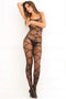 Model wearing Rene Rofe Strapped Up Sheer Bodystocking in black, featuring a body harness design and crotchless thong.