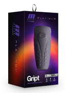 M Elite Platinum Gript Silicone Dual End Masturbator Black in sleek packaging showcasing its features.