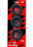 Hunkyjunk HUJ 3 Pack Cockrings Tar Ice featuring three black max-stretch rings for a confident fit and bulge enhancement.