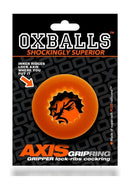 Oxballs Axis Rib Griphold Cock Ring Orange Ice packaging featuring ribbed design and bright orange color.