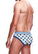 Prowler Blue Paw Brief Small worn by a man showcasing its stylish and comfortable design from the back.