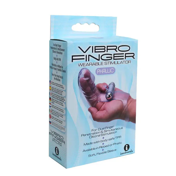Vibro Finger Phallic Finger Massager Purple product packaging showing features and benefits of the finger massager.