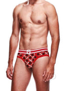 Prowler Red Paw Mens Brief Small model wearing a stylish red brief featuring a fun design, showcasing comfort and fit.