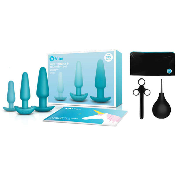 b-Vibe 7 Piece Anal Training and Education Set Teal displayed, featuring various anal plugs and educational materials.