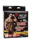CalExotics Cocky Cop Inflatable Male Love Doll Vanilla packaging featuring cop-themed imagery and product highlights.