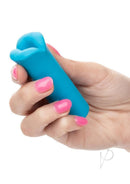 Kyst Lips Rechargeable Silicone Bullet Vibrator Blue in a hand with pink nails, showcasing its sleek design.