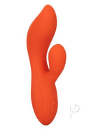 Stella Liquid Silicone Dual Teaser Vibrator Orange, featuring a contoured shape for G-spot and external stimulation.