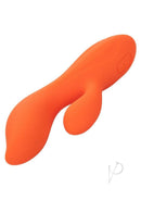 Stella Liquid Silicone Dual Teaser Vibrator Orange showcasing its sleek design and vibrant color for pleasure.