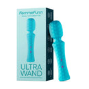 FemmeFunn Ultra Wand Flexible Textured Silicone Vibrator Turquoise packaging and product on display.