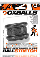 Oxballs Neo Short Silicone Ballstretcher Small Smoke displayed in packaging with liquid platinum silicone detail.