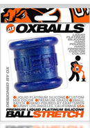 Oxballs Neo Tall Silicone Ball Stretcher Large Blue showcased in packaging, highlighting its Pure Platinum Silicone material.