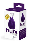VeDO Huni Silicone Vibrator Deep Purple packaging with features like rechargeable and 10 vibration modes.