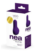 VeDO Nea Rechargeable Silicone Bullet Vibrator Deep Purple packaging with 10 vibration modes and sleek design.