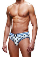 Prowler Blue Paw Open Brief Small displayed on a model, showcasing its playful design and comfortable fit.