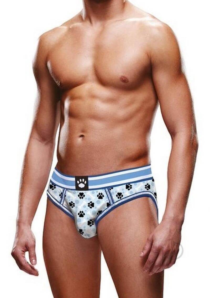 Prowler Blue Paw Open Brief Small displayed on a model, showcasing its playful design and comfortable fit.
