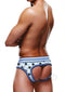 Prowler Blue Paw Open Brief Small on a model showcasing a backless design with a playful paw print pattern.