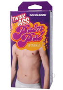 Packaging of Twink Ass Palm Pal Stroker by Doc Johnson featuring a shirtless male torso, emphasizing lifelike ULTRASKYN material.