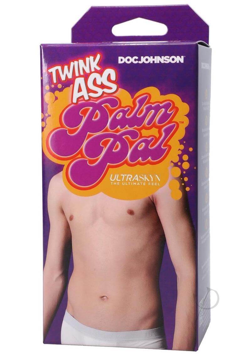 Packaging of Twink Ass Palm Pal Stroker by Doc Johnson featuring a shirtless male torso, emphasizing lifelike ULTRASKYN material.