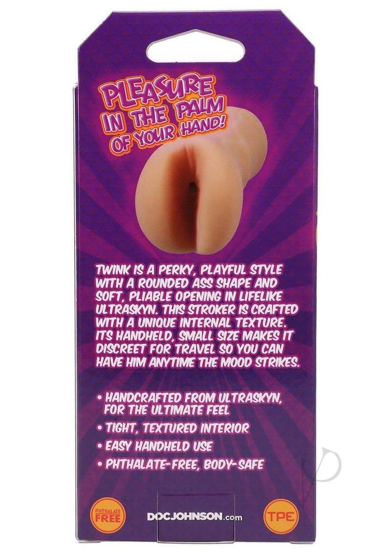 Packaging of Palm Pal Twink Stroker Vanilla highlighting lifelike material, rounded shape, and portability features.