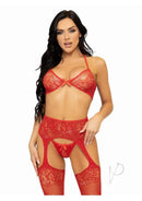 Leg Avenue Rhinestone Lace Bra and Garter Stocking Set Red featuring a model in a stunning red lace ensemble.