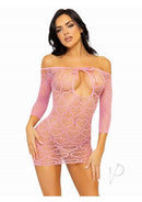 Leg Avenue Seamless Heart Net Keyhole Mini Dress Pink worn by a model with a keyhole cutout and heart net design.