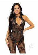 Leg Avenue Rhinestone Fishnet Keyhole Bodystocking Black worn by a model with lace and rhinestone details.