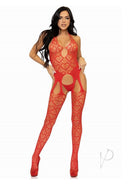 Leg Avenue Seamless Heart Net Suspender Bodystocking Red on model showcasing the bold heart net pattern.