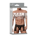 Male Power Scandal Lace G-String Garter Short Black L/XL model packaging showcasing sensual men's lingerie.