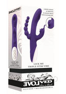 Evolved Lick Me Triple Stimulation Rabbit Vibrator Purple packaging showcasing design features and controls.