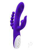 Evolved Lick Me Triple Stimulation Rabbit Vibrator Purple showcasing its textured design and control buttons.