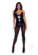 Leg Avenue Vinyl Boned Bodysuit Small Black worn by a model, showcasing the glossy finish and structured design.