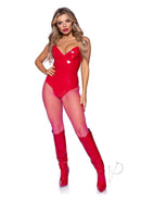 Leg Avenue Vinyl Boned Bodysuit Small Red worn with fishnet tights and red boots, ideal for costumes and club nights.