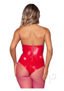 Leg Avenue Vinyl Boned Bodysuit Large Red showcasing the back view, highlighting its glossy red finish and fishnet accessories.