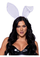 Leg Avenue Ruffle Bunny Ears One Size White worn by a model, featuring playful ruffles and a crisp white shade.