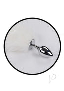 Foxy Tail Silicone Butt Plug White with a smooth chrome base and soft white fur tail.