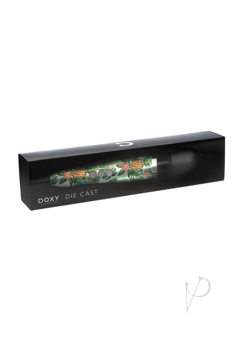 Doxy Die Cast Wand Vibrator in a luxurious keepsake box, featuring vibrant pineapple design.